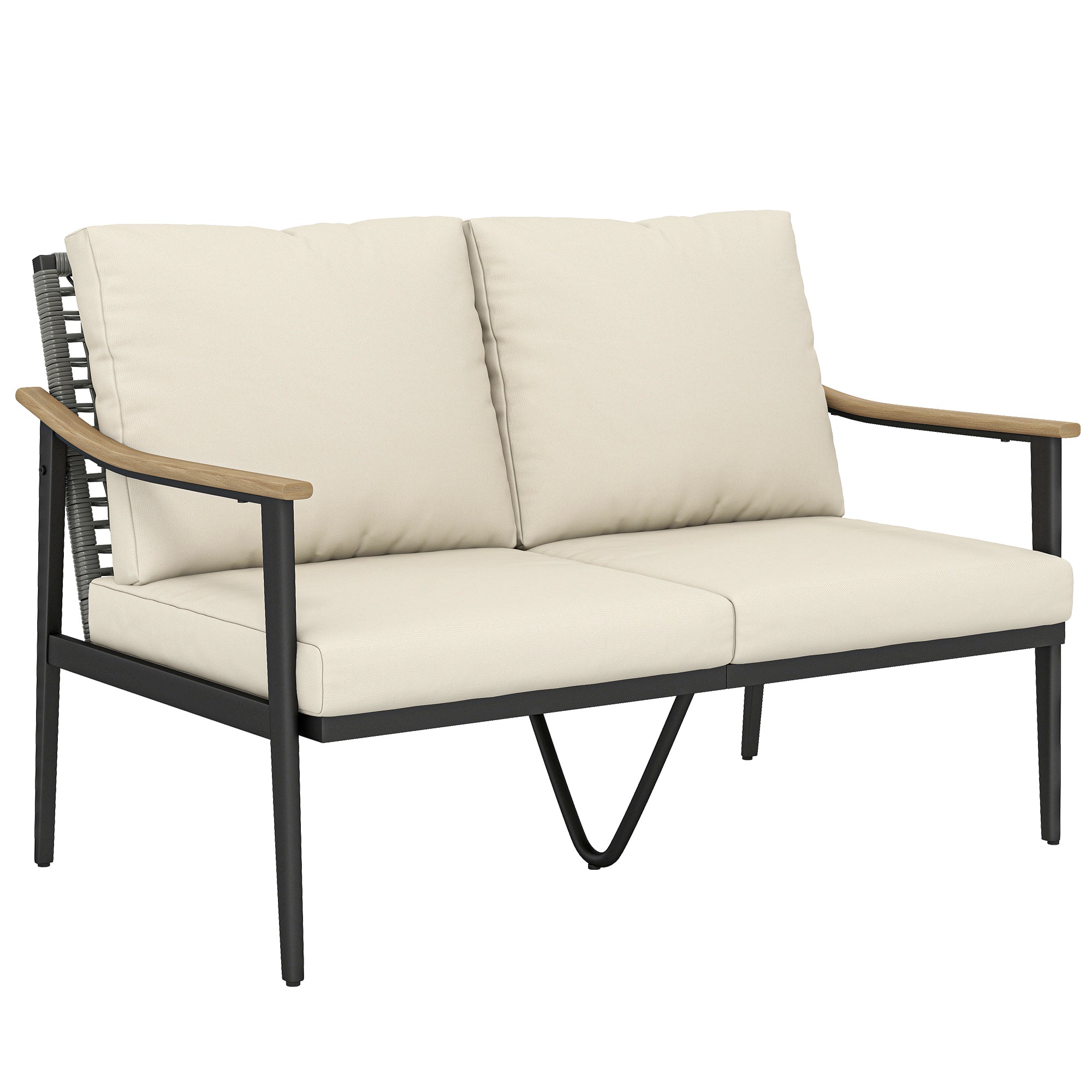 Outsunny 2 Seater Rattan Sofa, Outdoor Garden Sofa with Wood-Effect Armrests, Cushions for Patio, Balcony, Khaki 
