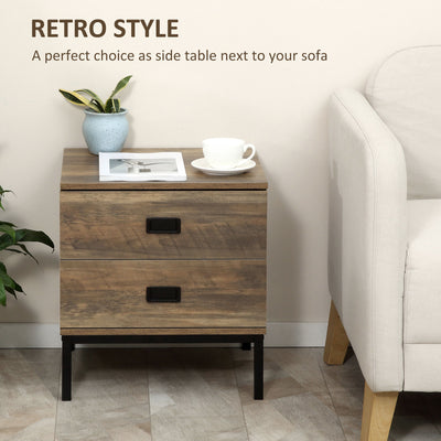 HOMCOM Retro Bedside Table, End Side Table with 2 Drawers, Metal Frame for Bedroom, Living Room, Coffee 