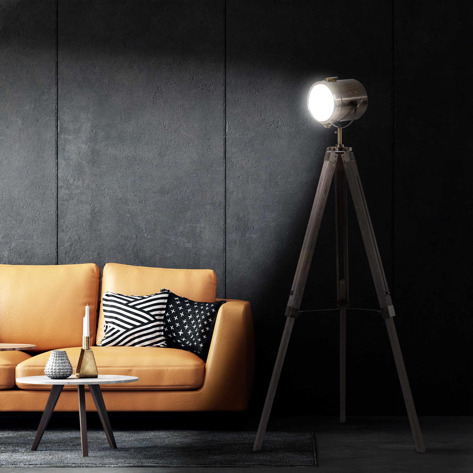 HOMCOM Industrial Tripod Floor Lamp, Nautical Searchlight with Adjustable Height, Wood Legs, E14 Lamp Base for Living Room, Bedroom, Grey and Bronze 