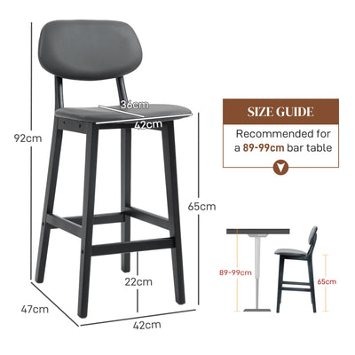 HOMCOM Bar Stools Set of 2, Contemporary Breakfast Bar Chairs, Faux Leather Upholstered Kitchen Stools with Backs and  Solid Wood Legs, Dark Grey 