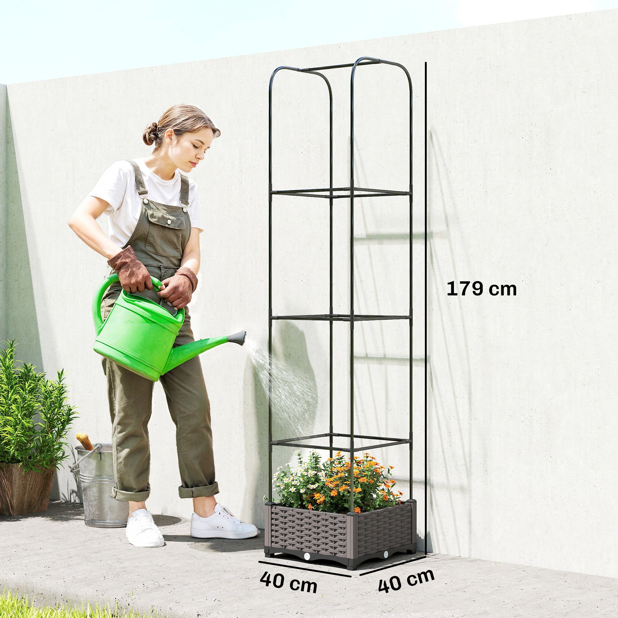 Outsunny Raised Garden Bed with Trellis, Plastic Planter Box with Drainage Holes, Drain Plugs and Water Reservoirs 