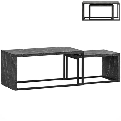 HOMCOM Coffee Tables Set of 2, Industrial Nest of Tables with Metal Frame for Living Room Bedroom, Dark Grey Marble Effect 