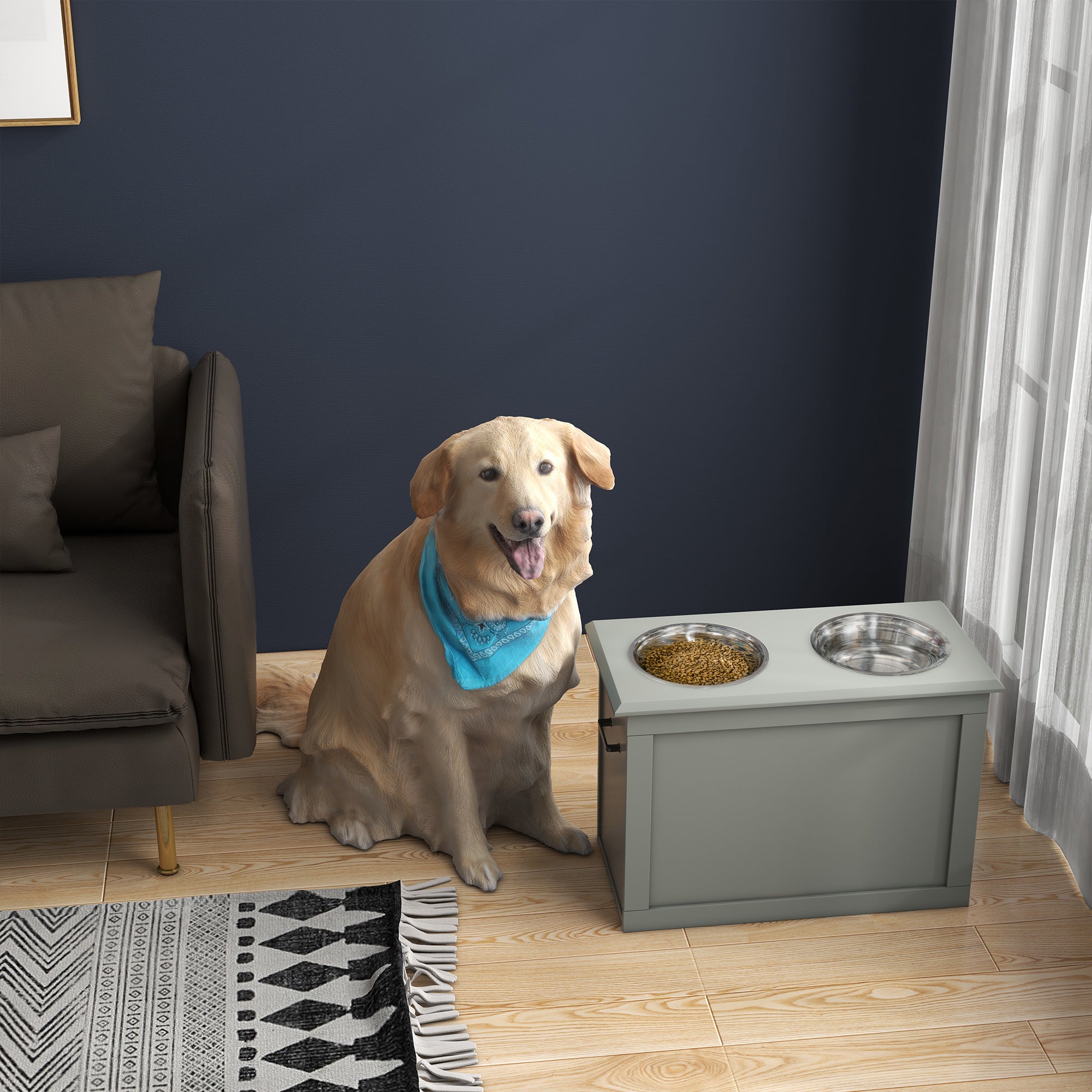 PawHut Raised Dog Bowls, with Storage, Two Stainless Steel Bowls, Elevated Base - Grey 