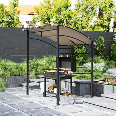 Outsunny 2.2 x 1.5 m BBQ Grill Gazebo Tent, Garden Grill with Metal Frame, Curved Canopy and 10 Hooks, Outdoor Sun Shade, Khaki 