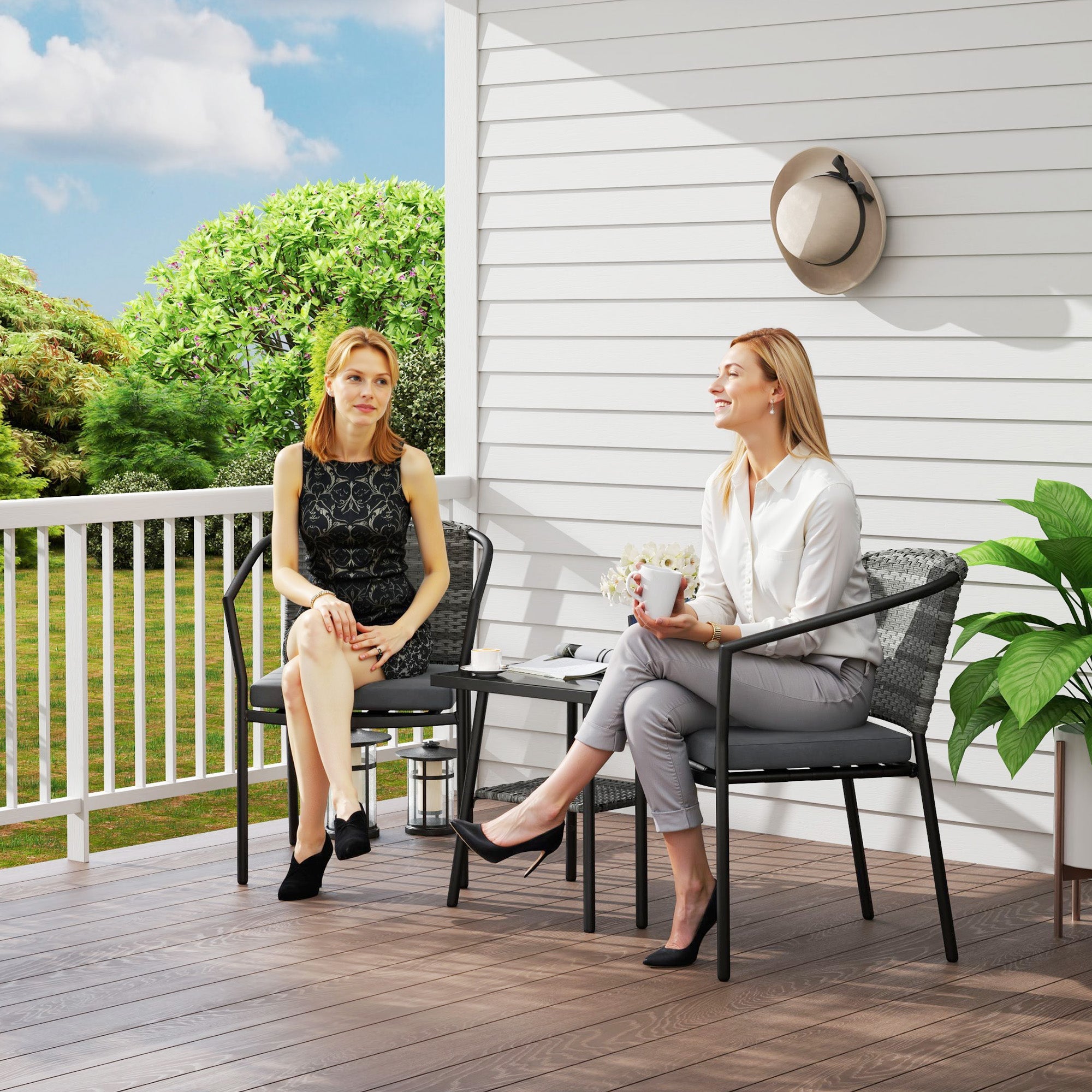 Outsunny 3 Pieces Rattan Bistro Set with Cushions, Wicker Garden Furniture Set, Glass Top Coffee Table and Chairs for Outdoor Patio, Balcony, Terrace and Conservatory, Grey 