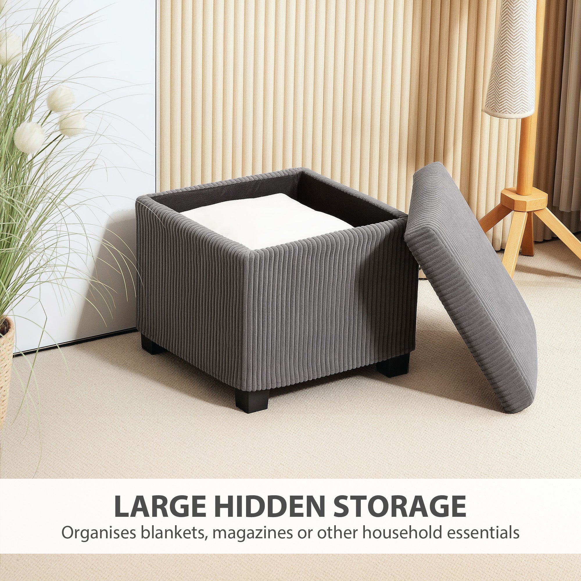 HOMCOM Storage Ottoman Bench, Corduroy Footstool with Removable Lid and Legs, 40cm Storage Chest Box for Living Room, Bedroom, Hallway, Grey 