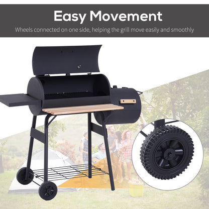 Outsunny Portable Charcoal BBQ Grill, Cold-rolled Steel, Solid Wood, 104H x 124L x53W cm-Black 