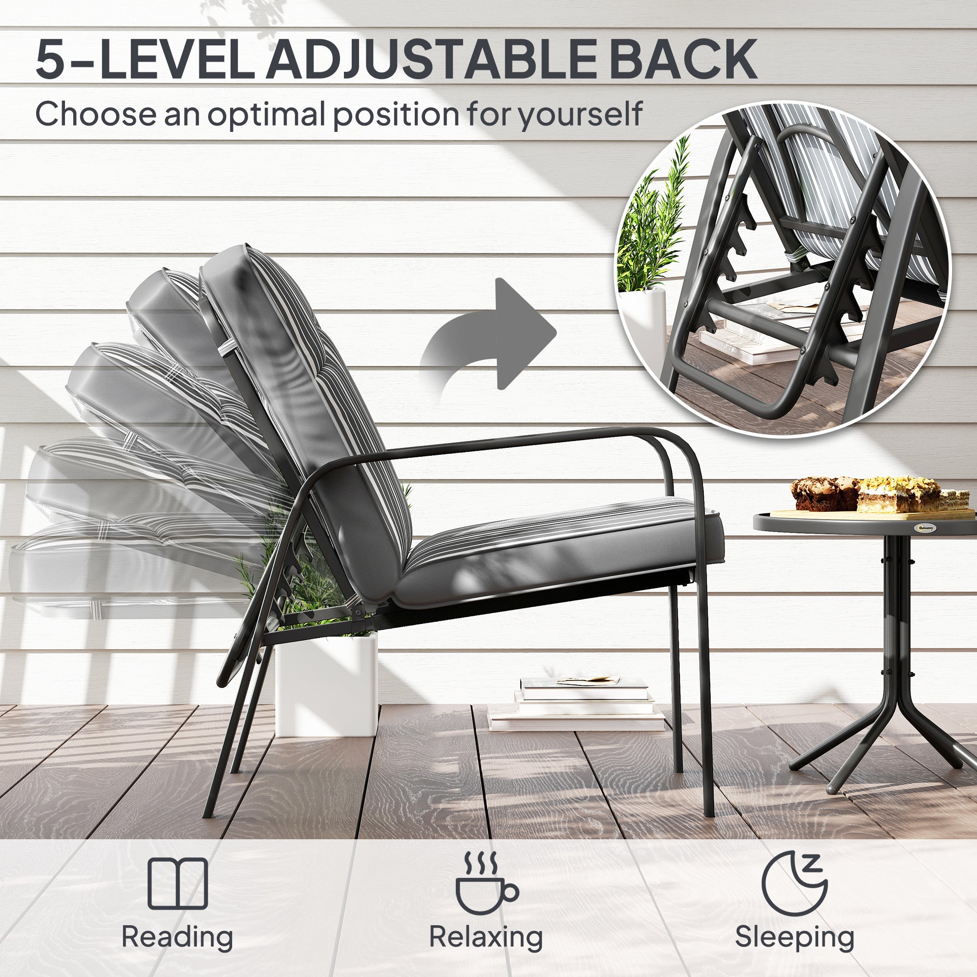 Outsunny 3-Piece Patio Bistro Set, 5-Position Adjustable Recliner Garden Chairs and Tempered Glass Table, Garden Furniture Set with Cushions, High Back, Armrests, Metal Frame for Balcony Patio, Grey