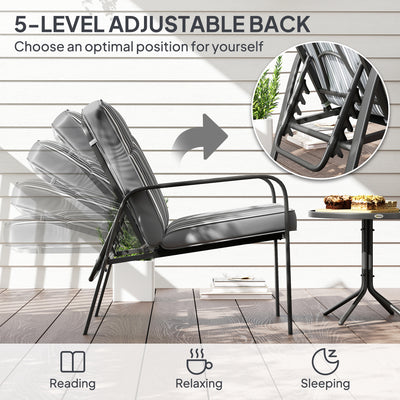 Outsunny 3-Piece Patio Bistro Set, 5-Position Adjustable Recliner Garden Chairs and Tempered Glass Table, Garden Furniture Set with Cushions, High Back, Armrests, Metal Frame for Balcony Patio, Grey 