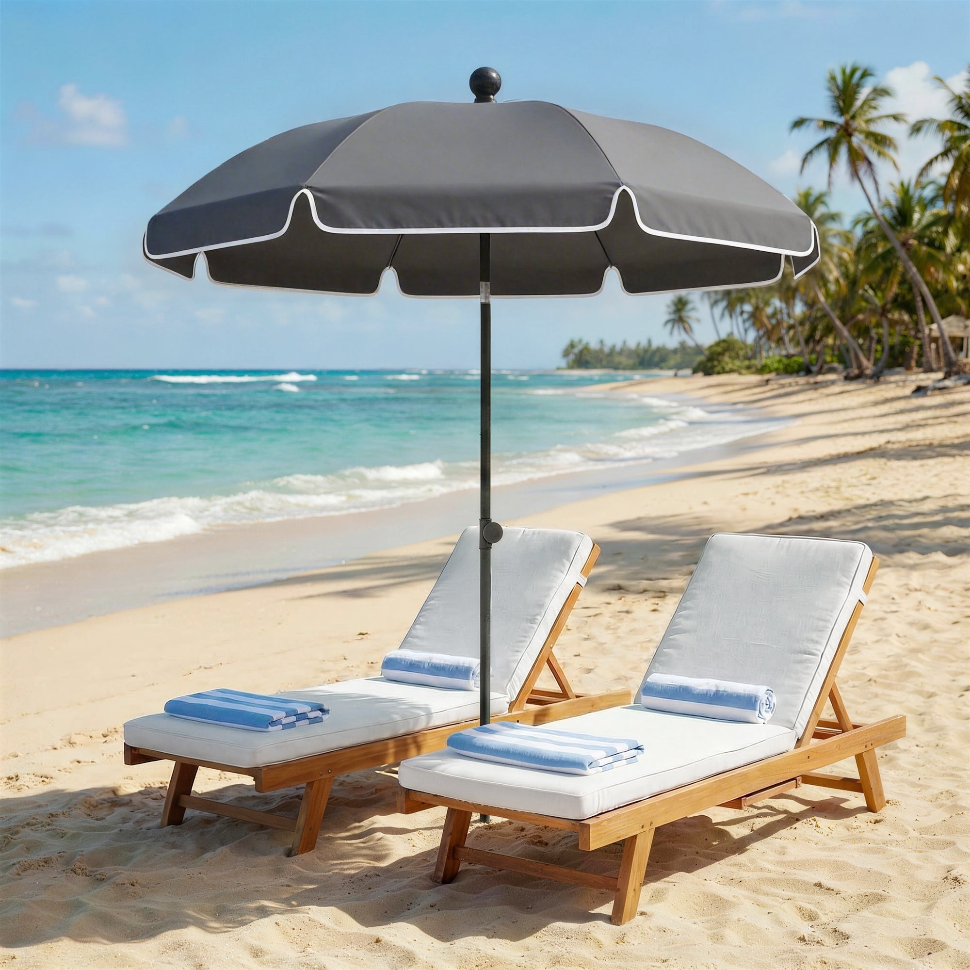 Outsunny 1.8 m Beach Umbrella Parasol with Sand Anchor, Portable 30° Tilting Patio Sun Shade with Adjustable Height, Dark Grey 