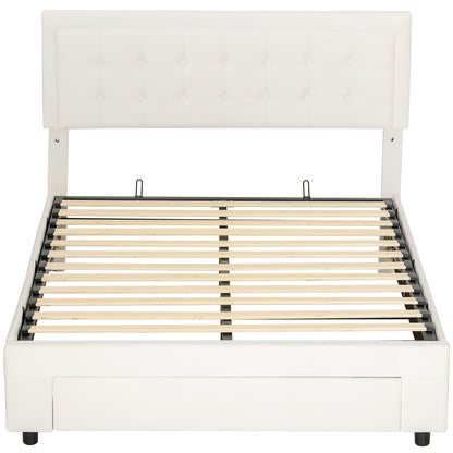 HOMCOM Double Ottoman Bed Frame, with Front Drawer - Cream