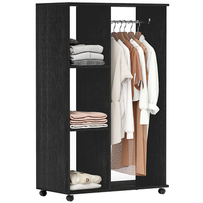 HOMCOM Open Wardrobe on Wheels, Bedroom Wardrobe with Clothes Hanging Rail, 3 Storage Shelves, Mobile Garment Rack for Cloakroom, Hallway, Black 