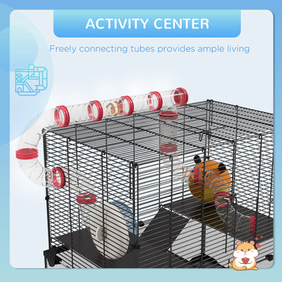 PawHut Gerbil Cage Dwarf Hamster Cage, with Deep Glass Bottom, Tunnels, Hut, Exercise Wheel, 60 x 40 x 57cm 