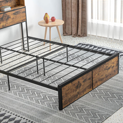 HOMCOM Industrial Double Bed Frame, 4.8FT Steel Bed Base with Storage Headboard, Footboard, Slatted Support and Under Bed Storage, 145 x 209cm, Rustic Brown 