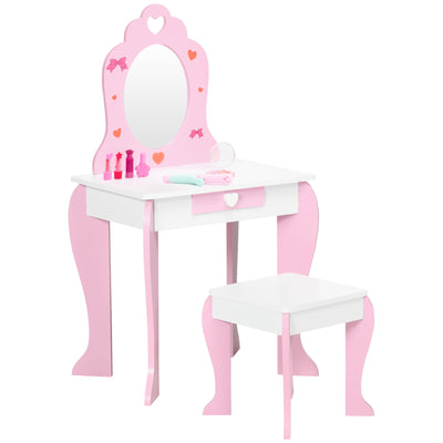 ZONEKIZ Kids Dressing table Set w/ Mirror, Stool, Drawer, Cute Patterns, for Ages 3-6 Years - Pink 