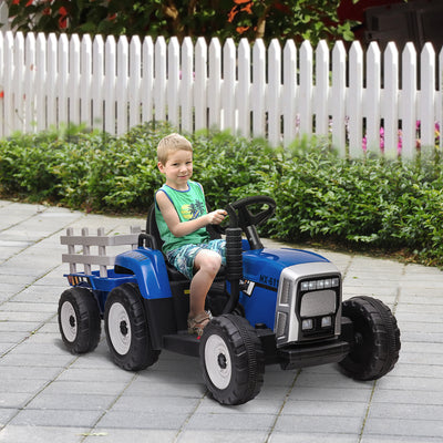 HOMCOM Ride On Tractor, Battery Powered Electric Car, with Detachable Trailer, Remote Control, Music - Blue 