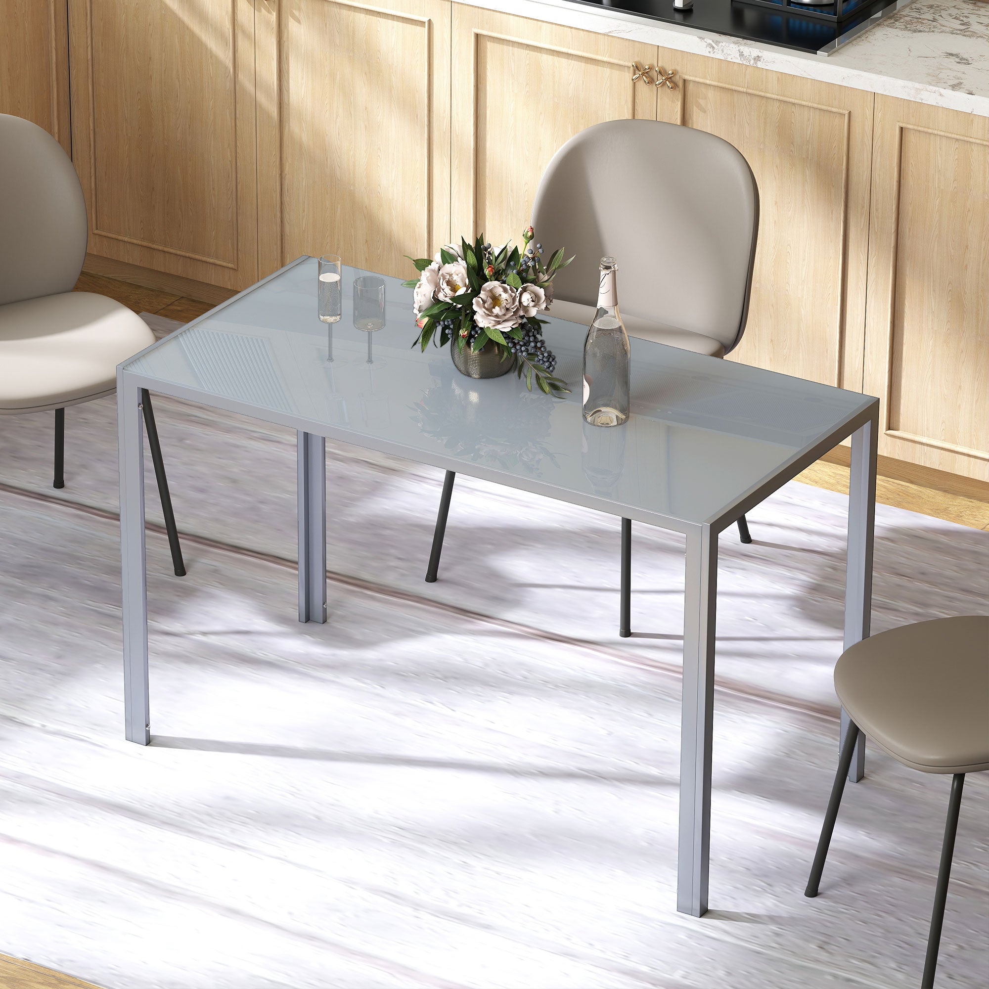 HOMCOM 120cm Dining Table, Rectangle 4 Seater Kitchen Table with Tempered Glass Top and Metal Legs, Grey 