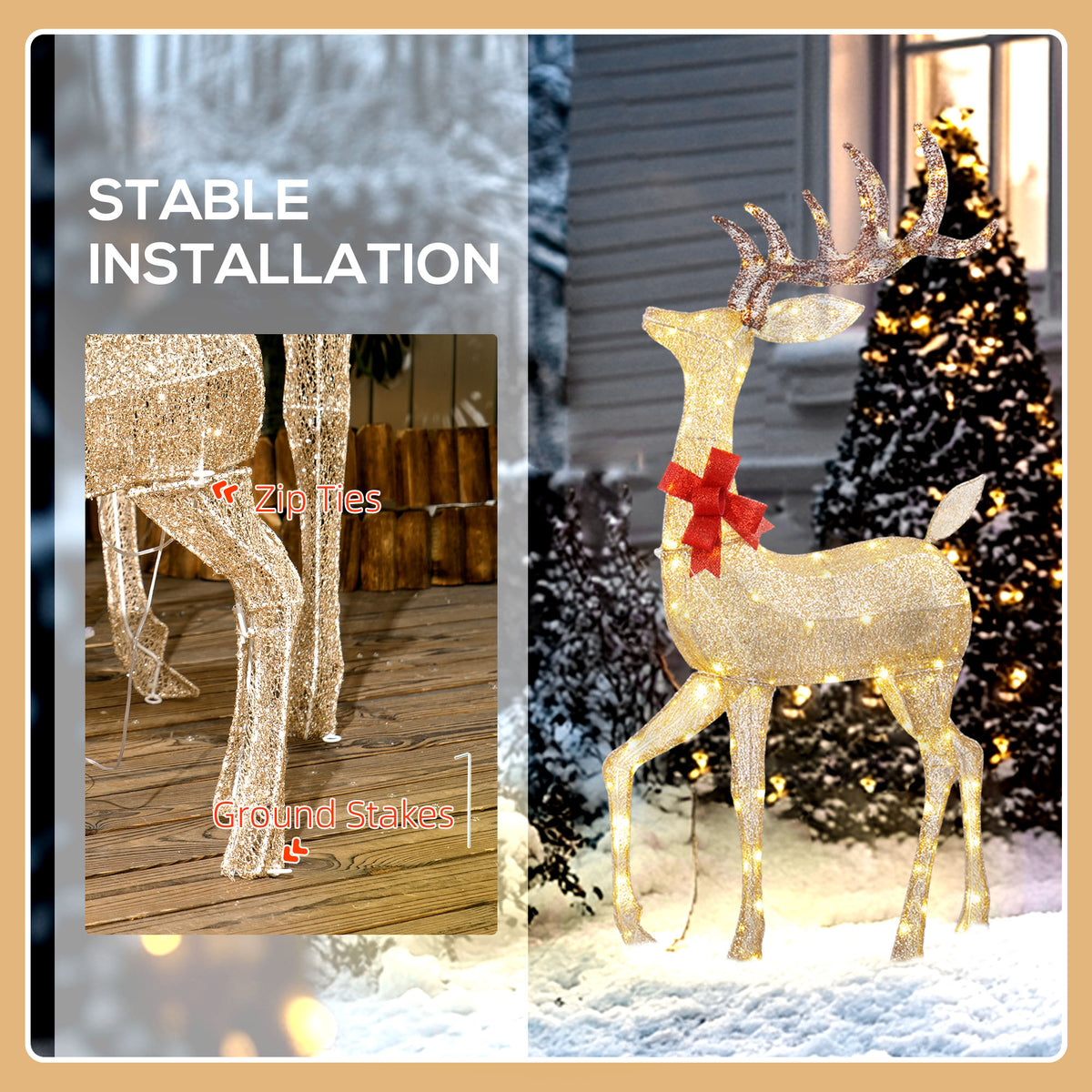 Outsunny Lighted Reindeer Christmas Decorations Outdoor, 3-Piece Light Up Deer Family Set of 3 with 283 LED Lights for Indoor, Lawn, Garden, Gold Tone 