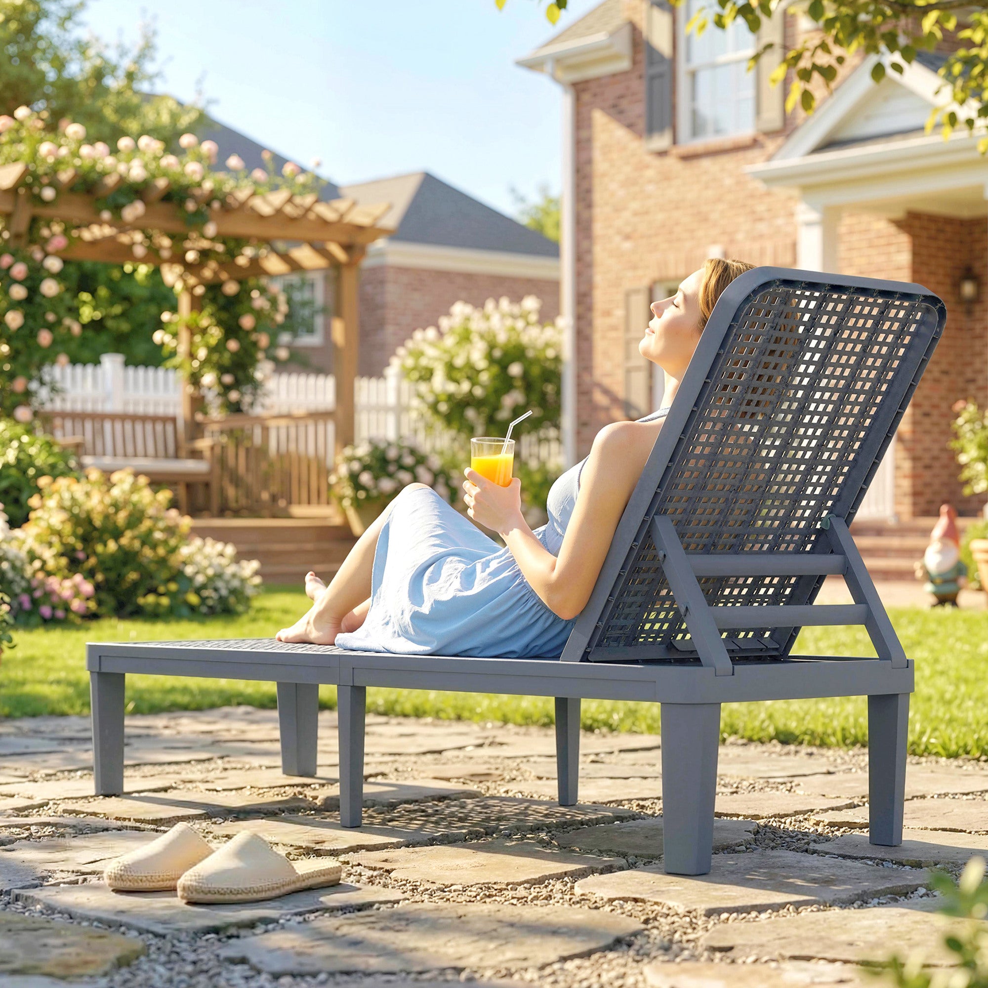 Outsunny Plastic Sun Lounger, 4-Position Adjustable Reclining Garden Lounger Sunbed for Patio, Beach, Terrace, Dark Grey 