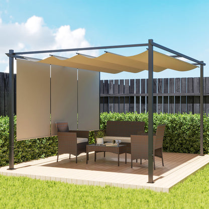 Outsunny 3 x 4m Metal Pergola with Retractable Roof and Roller Shade, Wall-Mounted or Free Standing Garden Gazebo Canopy Pergola Kit, UPF30+ Outdoor Sun Shade Shelter, Beige 