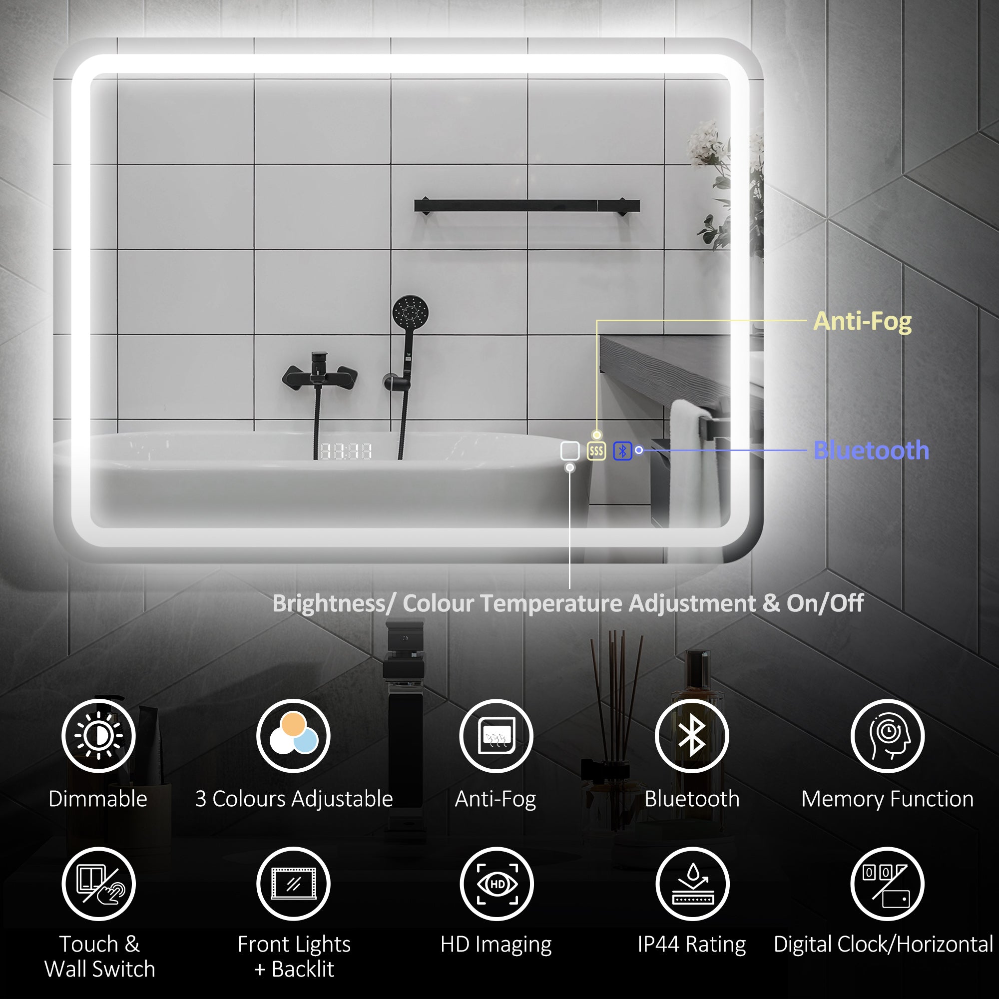 HOMCOM 60 x 80 cm Bluetooth LED Bathroom Mirror with Clock Anti-Fog - Silver Tone
