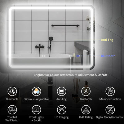HOMCOM 60 x 80 cm Bluetooth LED Bathroom Mirror with Clock Anti-Fog - Silver Tone 