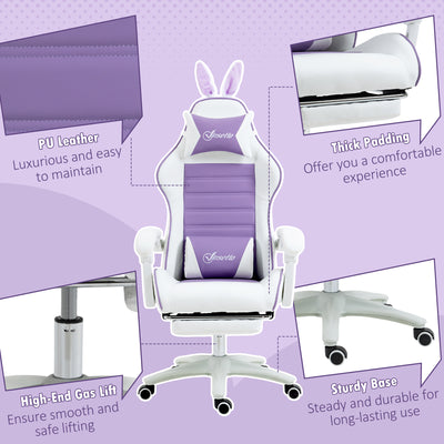 Vinsetto Racing Gaming Chair, Reclining PU Leather Computer Chair with Removable Rabbit Ears, Footrest, Headrest and Lumber Support, Purple 