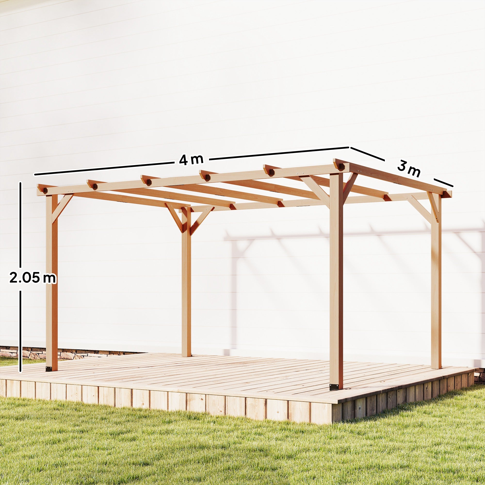 Outsunny 4 x 3 m Wooden Pergola Kit, Garden Pergola Gazebo Grape Trellis with Triangle Supports, 6 Beams, Maple Wood-effect 