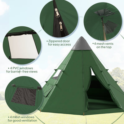 Outsunny 6 Men Tipi Tent with Carry Bag - Green 