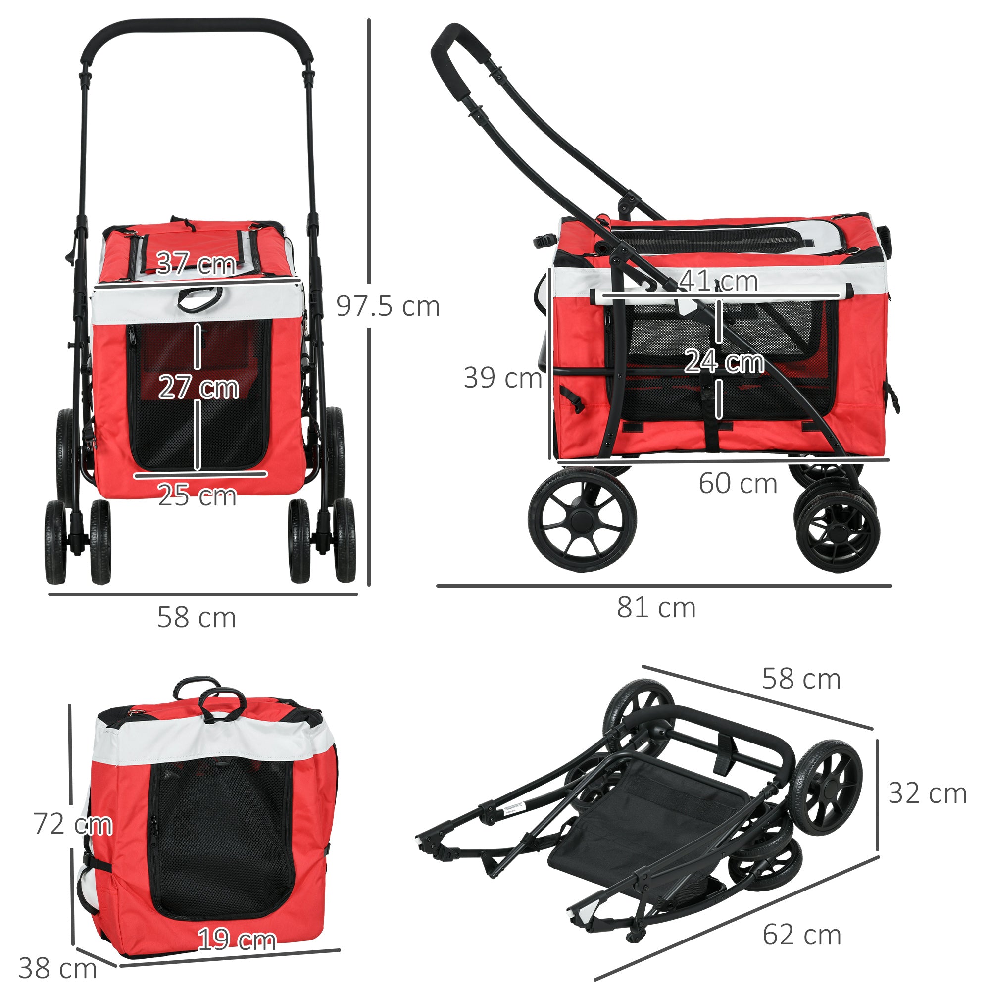 PawHut Foldable Dog Stroller, Pet Travel Crate, with Detachable Carrier, Soft Padding, for Mini, Small Dogs - Red 