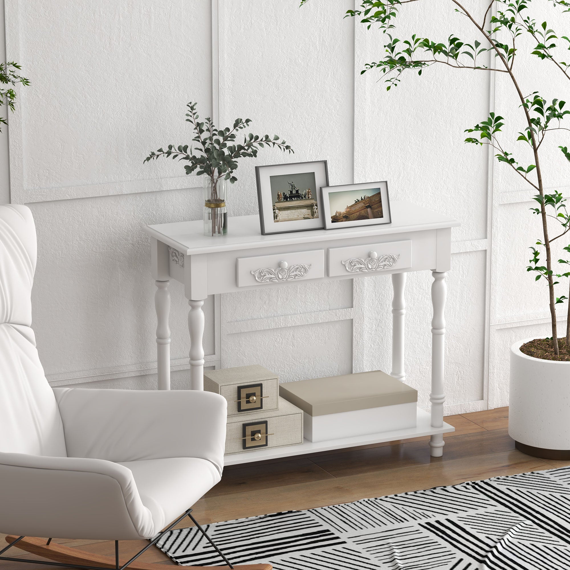 HOMCOM Console Table Modern Sofa Side Desk with Storage Shelves Drawers for Living Room Entryway Bedroom White 