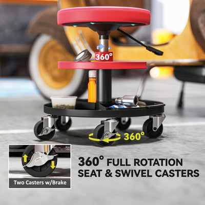 HOMCOM Rolling Mechanic Stool, 135kg Capacity Workshop Stool, 360° Swivel Roller Padded Creeper Seat with Wheels, Tool Trays Storage for Garage, Shop, Auto Repair, Red 