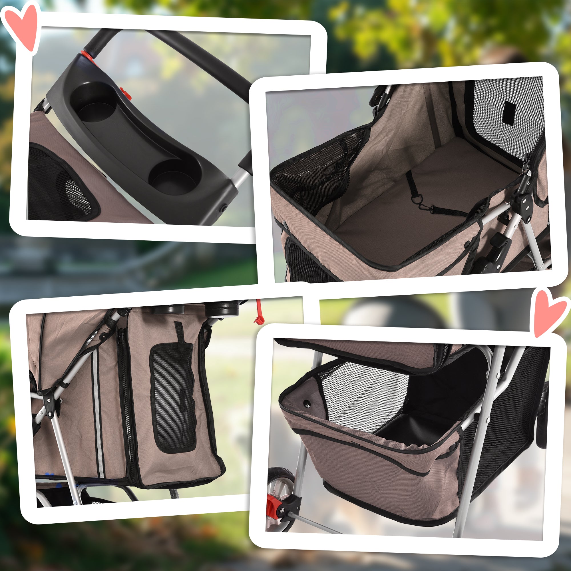 PawHut Dog Stroller, 3 Wheels Foldable Cat Dog Pram with Cup Holder, Storage Basket, Pet Stroller for Small Miniature Dogs, Brown 