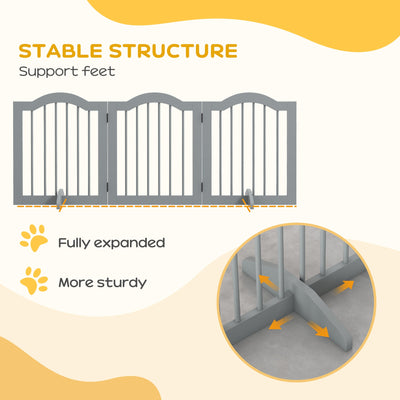 PawHut 3 Panels Dog Gate w/ Support Feet Fence Safety Barrier Freestanding Wood Light Grey 