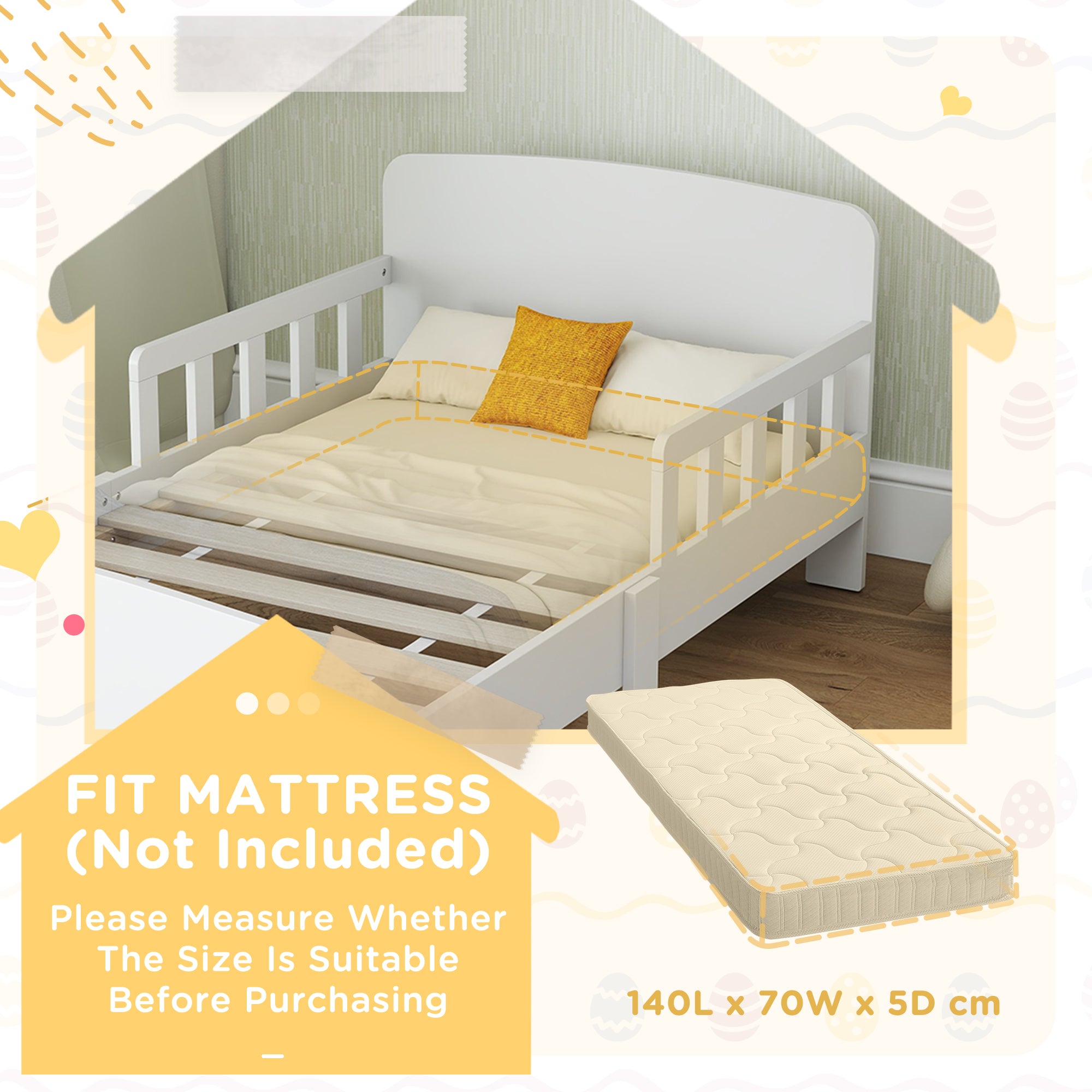 AIYAPLAY Toddler Bed, Kids Bed Frame with Safety Side Rails, Kids Bedroom Furniture for Ages 3-8 Years, White 