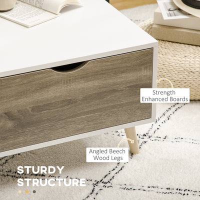 HOMCOM Coffee Table, Modern Tea Table with Open Storage Shelves, Two Drawers and Solid Wood Legs, Coffee Tables for Living Room, Bed Room, White 