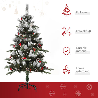 HOMCOM 4FT Artificial Snow Dipped Christmas Tree Xmas Pencil Tree Holiday Home Party Decoration with Foldable Feet Red Berries White Pinecones, Green 
