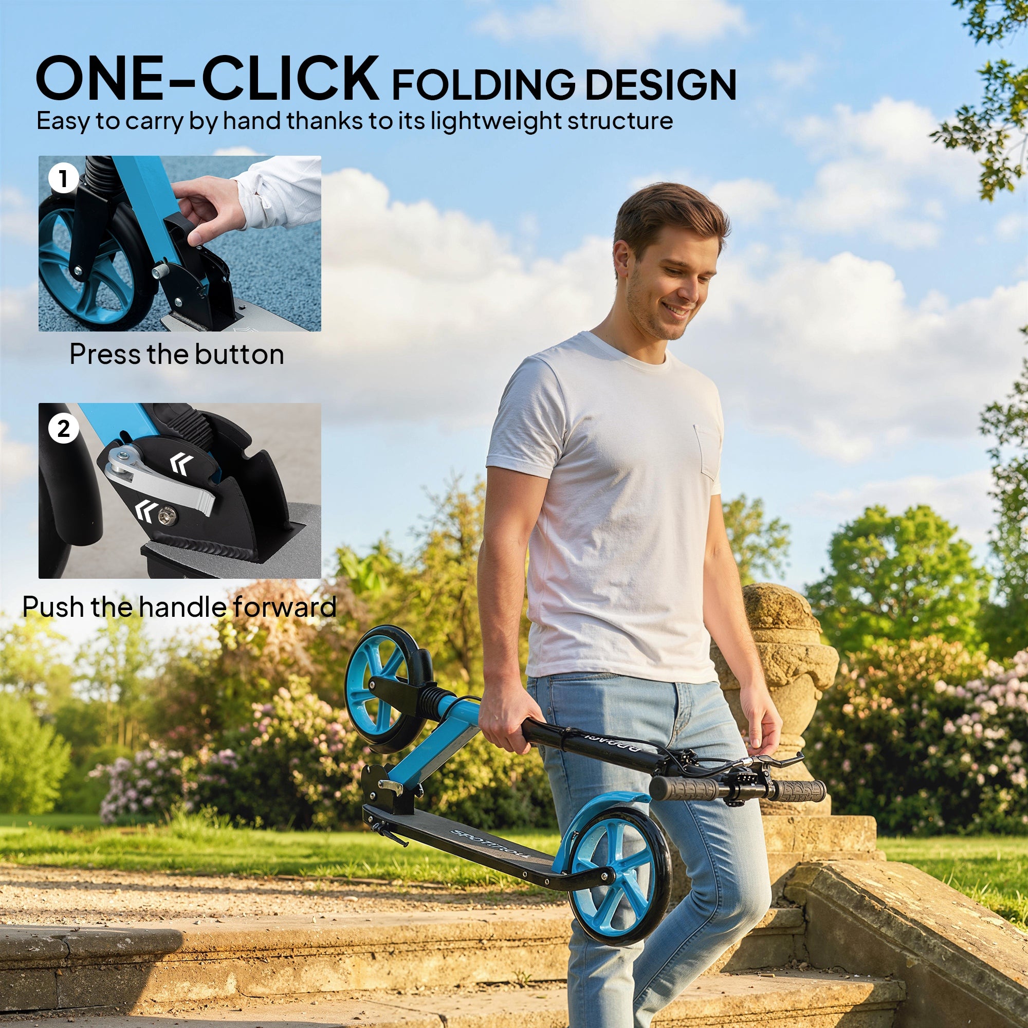 HOMCOM One-click Folding Kick Scooter for 14+ w/ Adjustable Handlebar, Push Scooter with Kickstand, Dual Brake System, Blue 