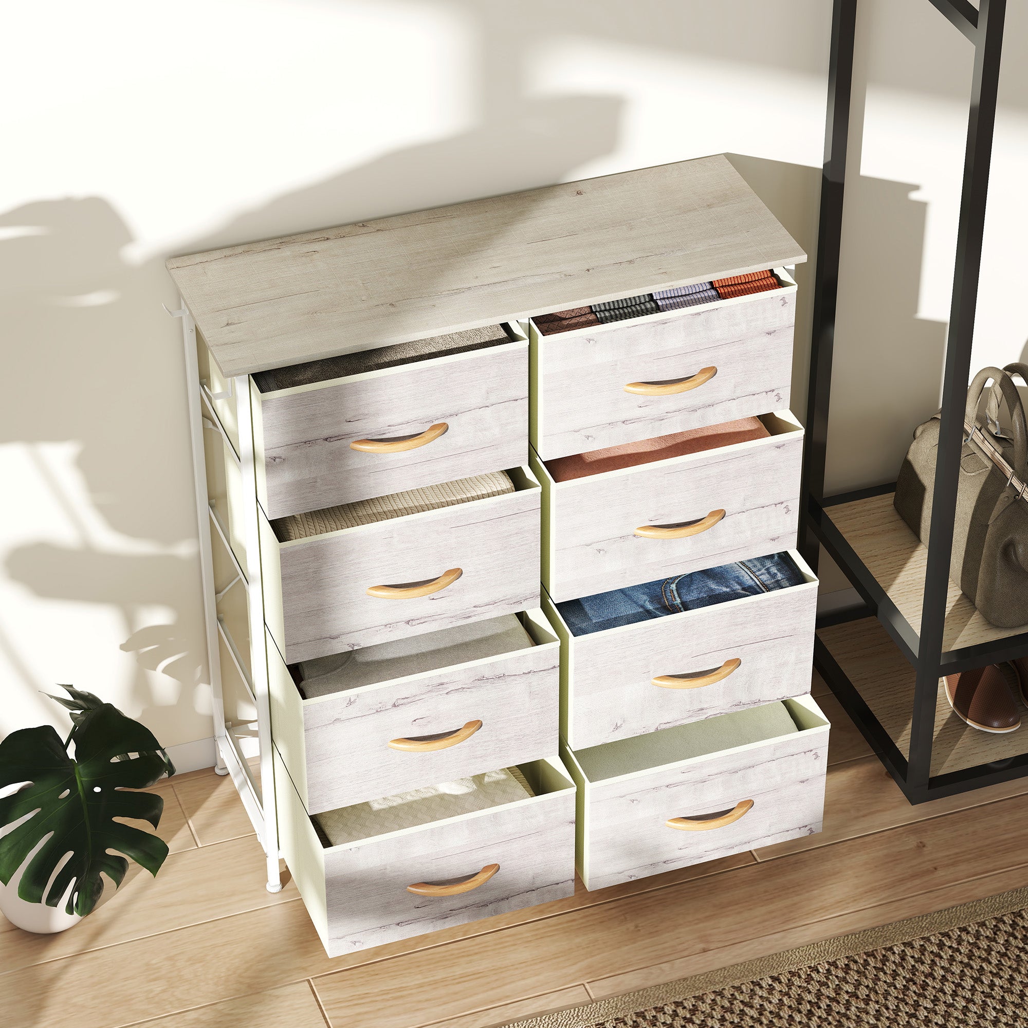 HOMCOM Chest of Eight Fabric Drawers - Natural Wood Finish