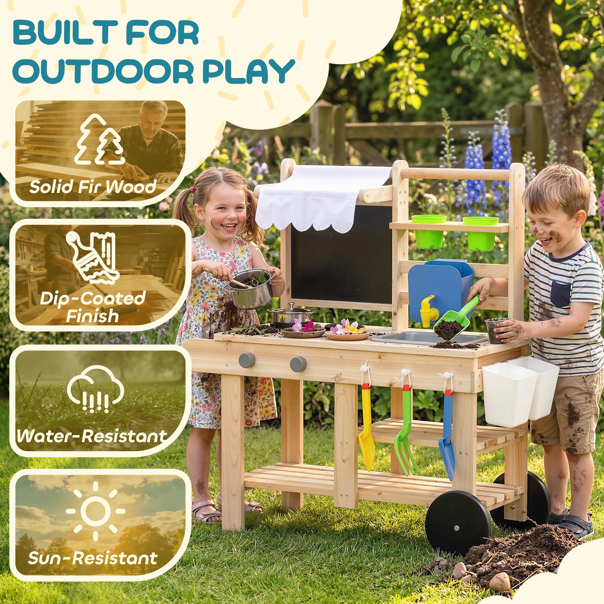 AIYAPLAY Mud Kitchen with Real Water Faucet Pretend Play Kitchen Playset with Sink and Storage Natural Wood 