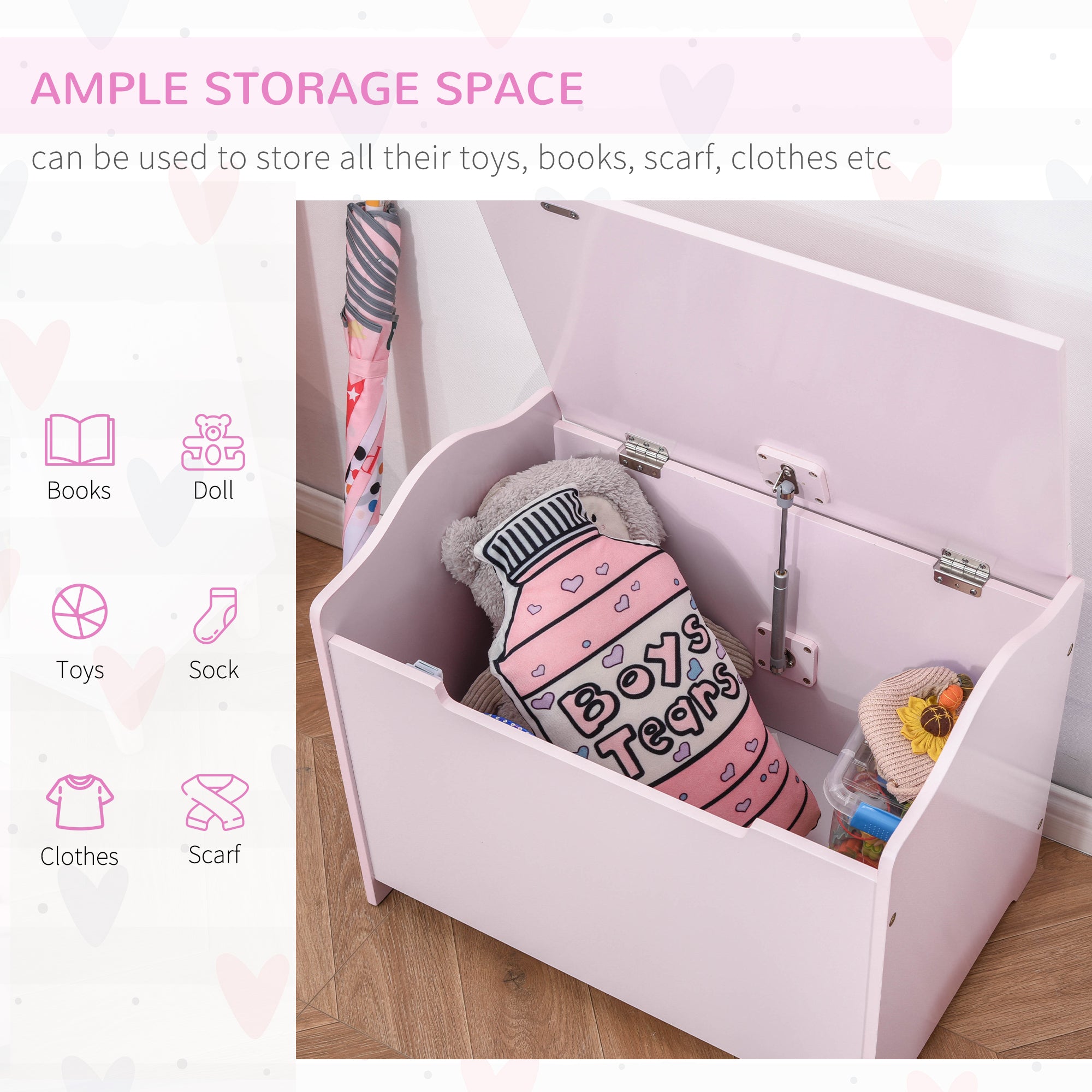 HOMCOM Wooden Kids Toy Box Children Storage Organizer Chest Safety Hinge Playroom Furniture Pink 