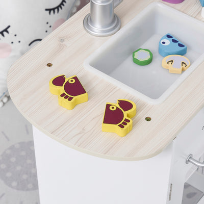HOMCOM Kids Play Kitchen Wooden Toy Kitchen Cooking Set for Children with Drinking Fountain, Microwave, and Fridge White 
