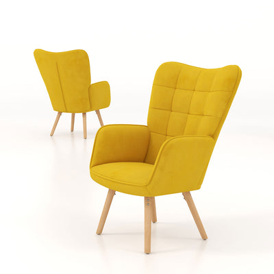 HOMCOM Modern Accent Chair Velvet-Touch Tufted Wingback Armchair Upholstered Leisure Lounge Sofa Club Chair with Wood Legs, Set of 2, Yellow 