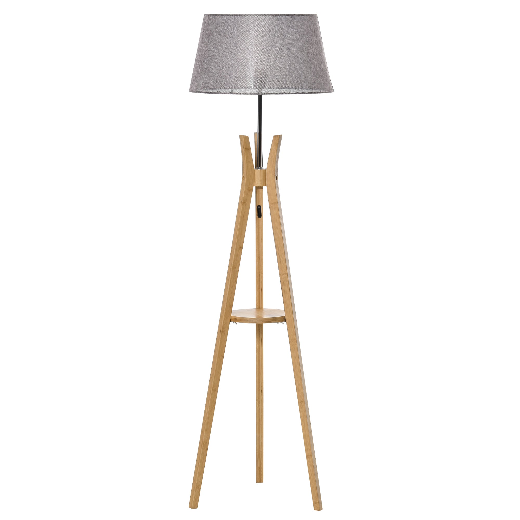 HOMCOM Natural Wood Tripod Floor Lamp Light E27 Base Bedroom Living Room Fabric Shade Storage Shelf Foot Switch, 156cm, Grey 