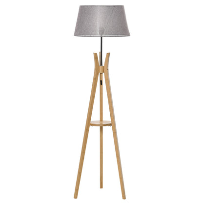 HOMCOM Natural Wood Tripod Floor Lamp Light E27 Base Bedroom Living Room Fabric Shade Storage Shelf Foot Switch, 156cm, Grey 