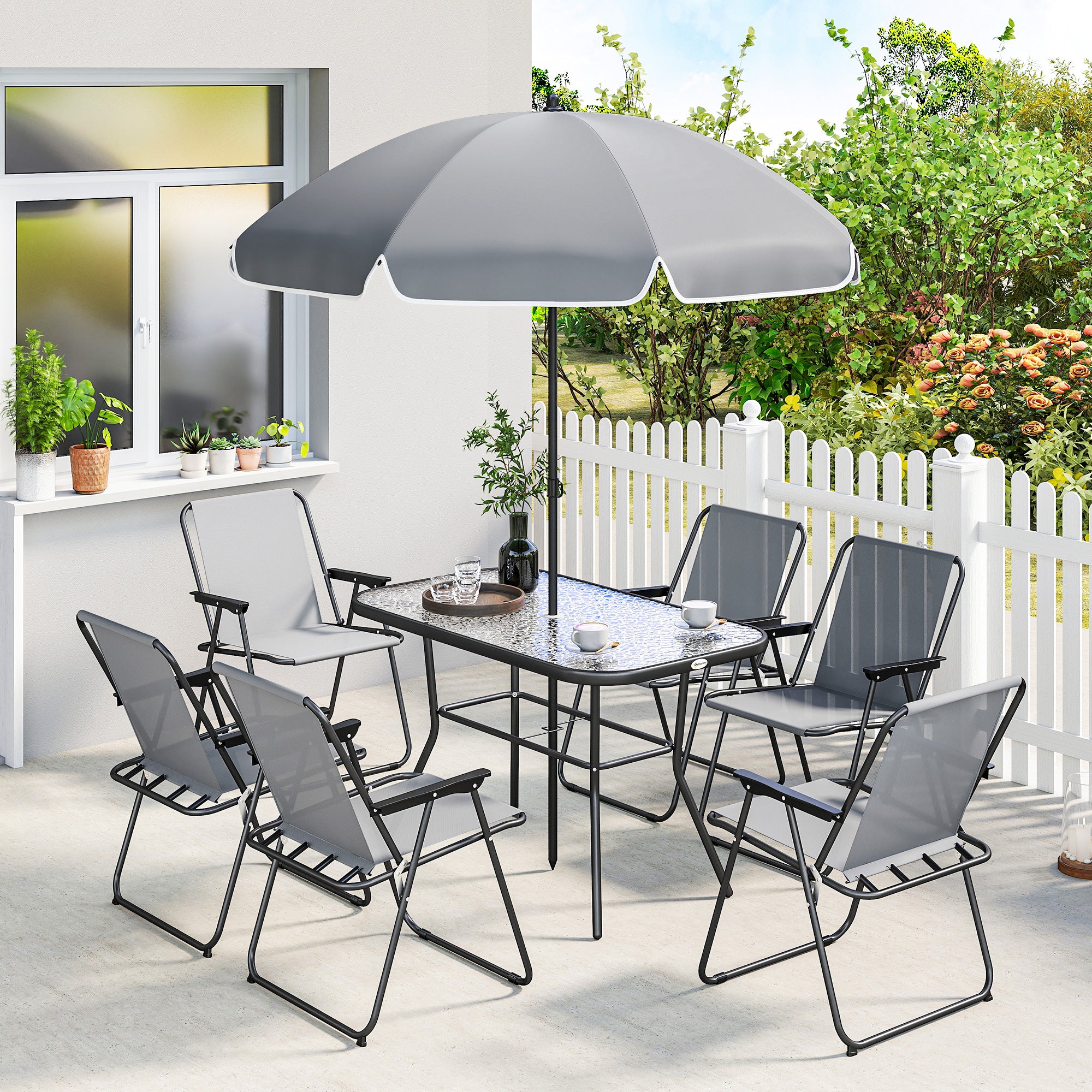 Outsunny 8 Piece Garden Dining Set with Umbrella, Garden Furniture Set with 6 Folding Chairs, Tempered Glass Table for Patio Grey 