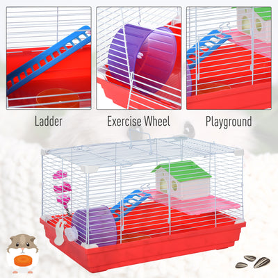 PawHut Hamster Cage, Small Gerbil Cage 2 Tiers Portable w/ Handle, Exercise Wheel, Water Bottle, Dishes 
