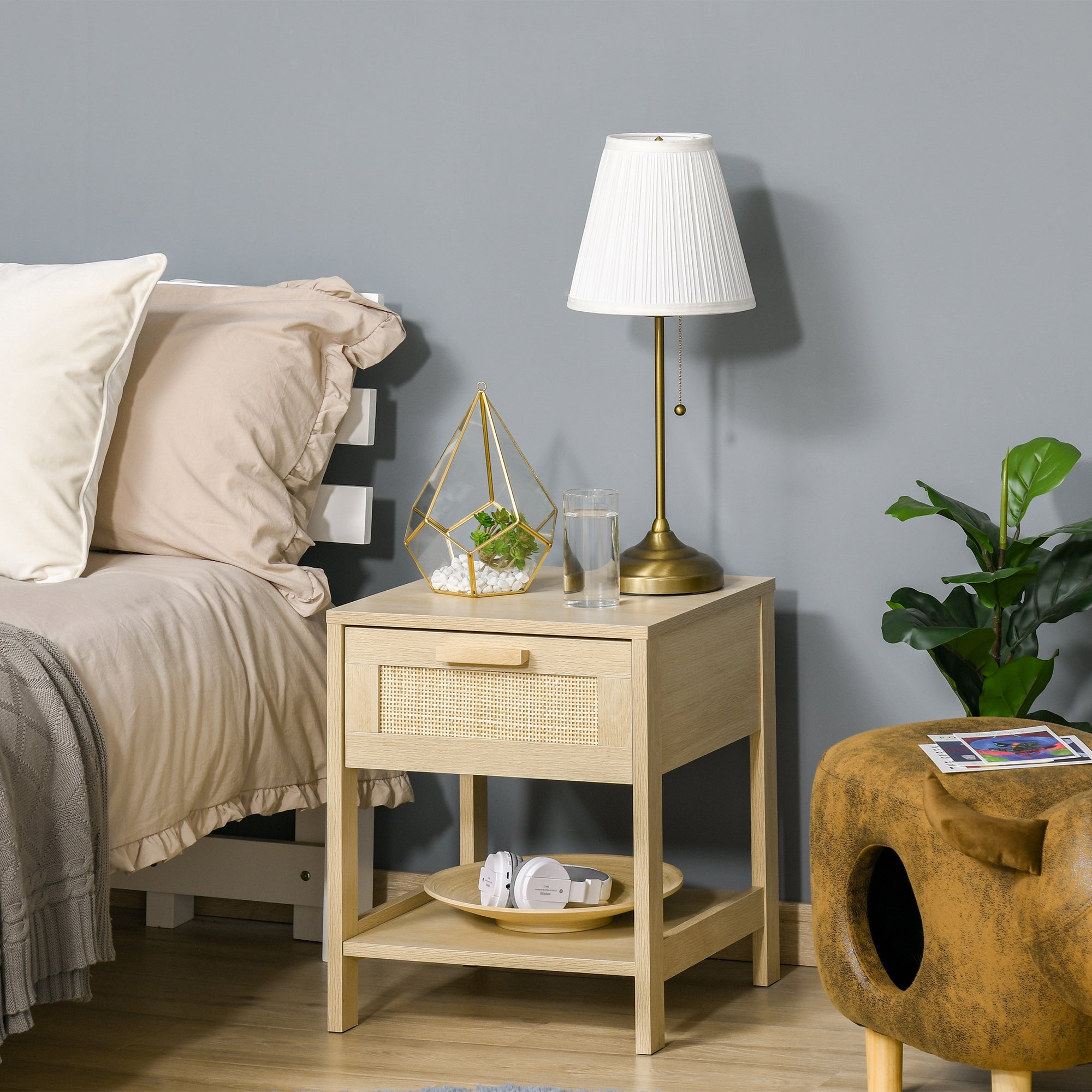 HOMCOM Nightstand with Rattan Drawer and Storage Shelf, Bedside End Table for Bedroom, Living Room 