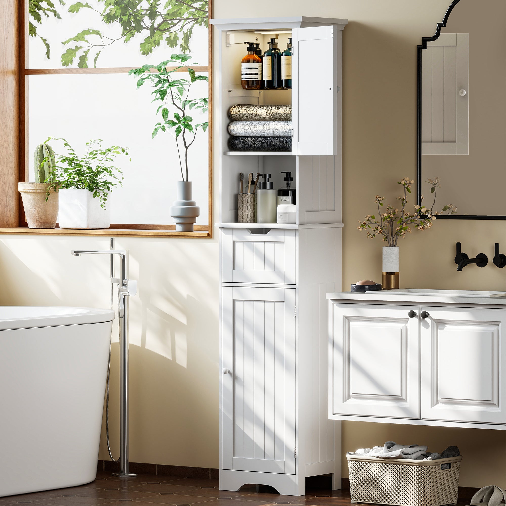 HOMCOM Slim Bathroom Storage Cabinet, with Sensor Lights - White 