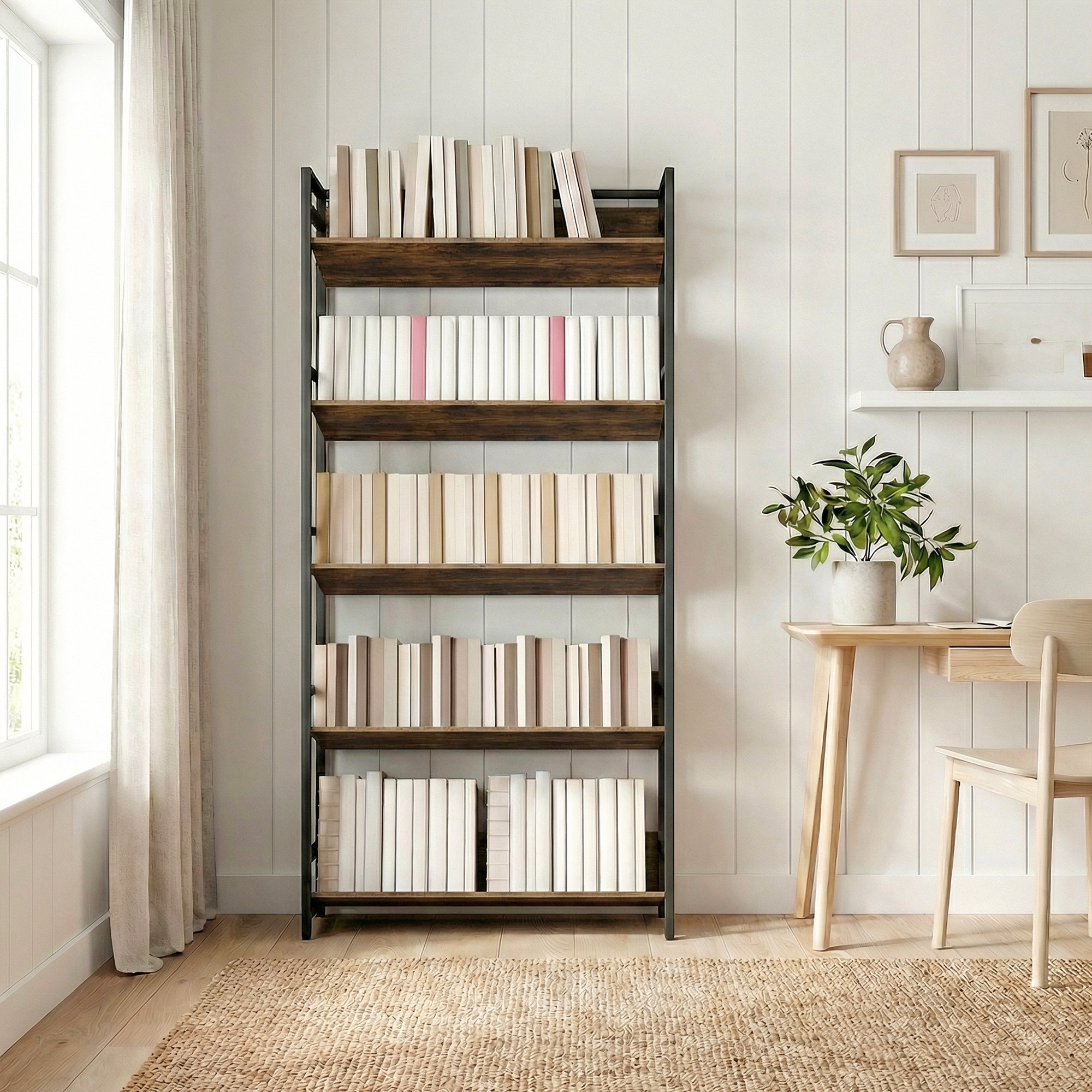 HOMCOM Bookshelf 5-Tier Metal Frame Room Divider Bookcase Storage Shelves for Living Room Rustic Brown 